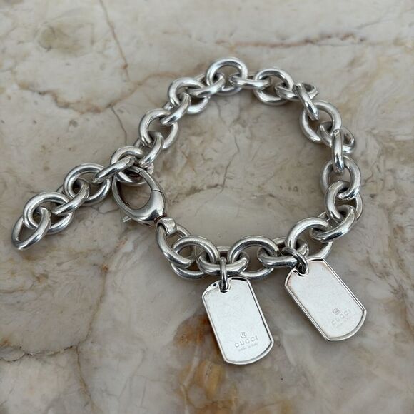 Gucci 925 Sterling Silver Double Dog Tag Solid Oval Rolo Link Bracelet Unisex - Picture 9 of 11